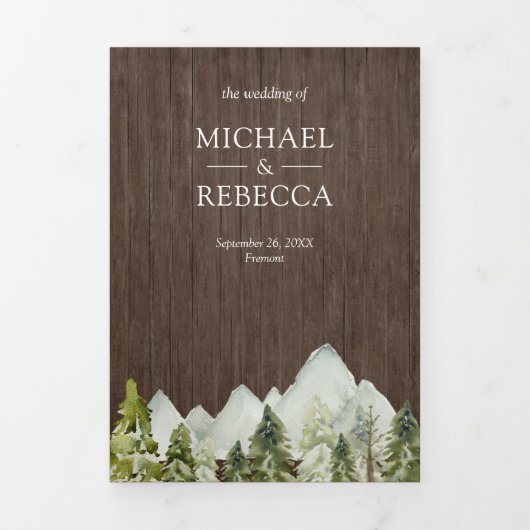 Rustiek Hout Waterverf Mountain Pine Trees Wedding Drieluik Uitnodiging (Cover)