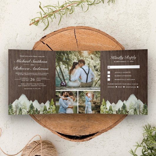 Rustiek Hout Waterverf Mountain Pine Trees Wedding Drieluik Uitnodiging