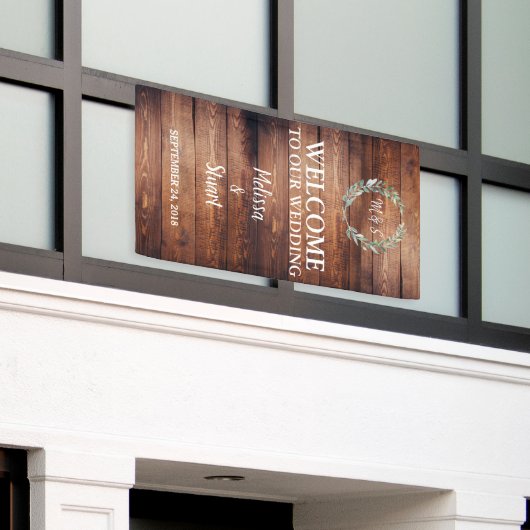Rustiek hout Welkom op onze bruiloft monogram Spandoek (Buitenkant Gebouw)
