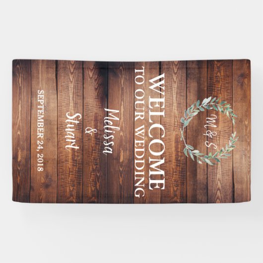 Rustiek hout Welkom op onze bruiloft monogram Spandoek (Horizontaal)