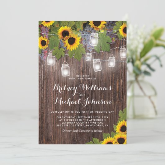 Rustiek hout wijngaard zonnebloem bruiloft kaart (Staand voorkant)