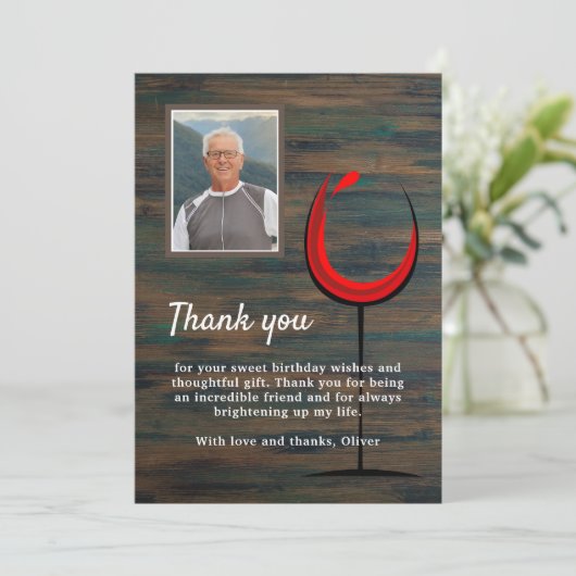 Rustiek hout wijnglas 60e verjaardag foto bedankkaart (Staand voorkant)