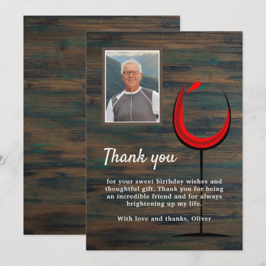 Rustiek hout wijnglas 60e verjaardag foto bedankkaart (Voorkant / Achterkant)