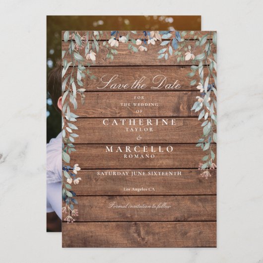 Rustiek hout Wildbloemen Bloemen Bloemen Foto Brui Save The Date (Voorkant / Achterkant)