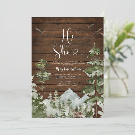 Rustiek hout winter bos Hij of Zij Geslacht Onthul Kaart (Staand voorkant)