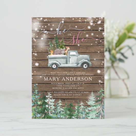 Rustiek hout winter hij of zij geslacht onthullen kaart (Staand voorkant)