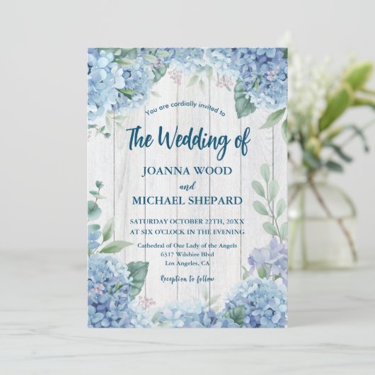 Rustiek hout wit blauw Hydrangea bruiloft Kaart (Staand voorkant)