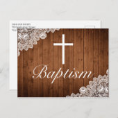 Rustiek Hout & Wit Kant Baby Doop Aankondigingskaart (Voorkant / Achterkant)