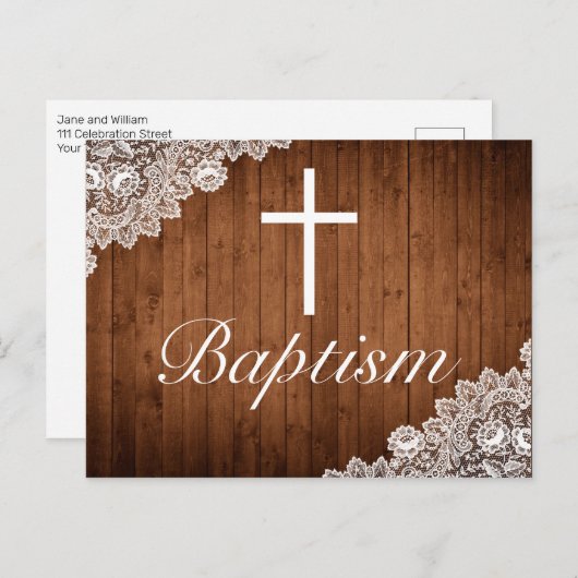 Rustiek Hout & Wit Kant Baby Doop Aankondigingskaart (Voorkant / Achterkant)