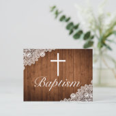 Rustiek Hout & Wit Kant Baby Doop Aankondigingskaart (Staand voorkant)