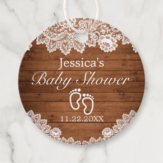 Rustiek hout & wit kant Baby shower Bedankjes Labels (Voorkant)