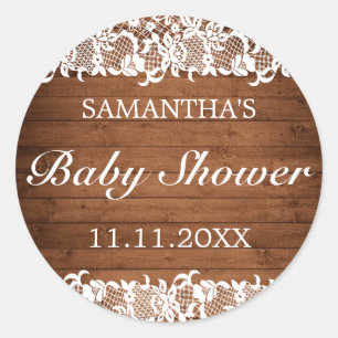 Rustiek hout & wit kant Baby shower Ronde Sticker