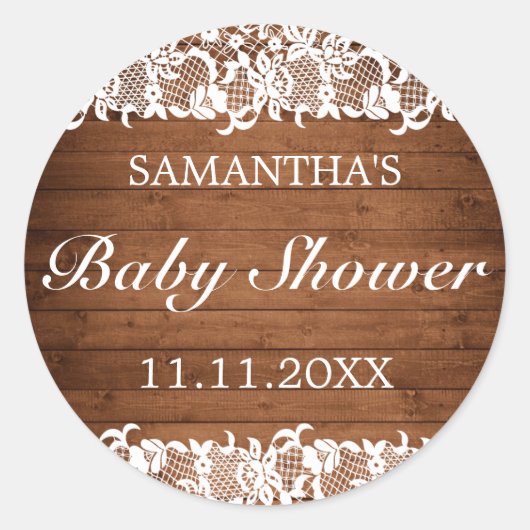 Rustiek hout & wit kant Baby shower Ronde Sticker (Voorkant)
