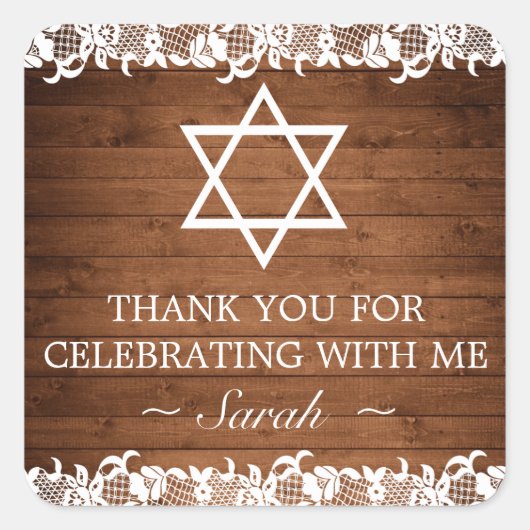 Rustiek hout & wit kant bar vleermuis mitswa dank  vierkante sticker (Voorkant)