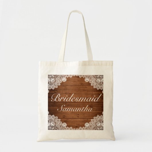 Rustiek hout & wit kant bruidsmeisje bruiloft tote bag (Voorkant)