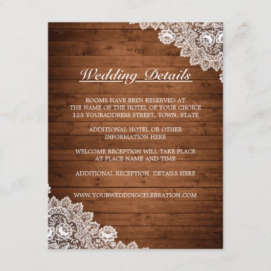 Rustiek hout & wit kant bruiloft details informatiekaartje (Voorkant)