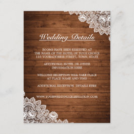 Rustiek hout & wit kant bruiloft details informatiekaartje