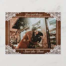 Rustiek hout & wit kant bruiloft foto aankondigingskaart