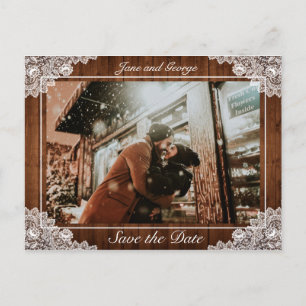 Rustiek hout & wit kant bruiloft foto aankondigingskaart