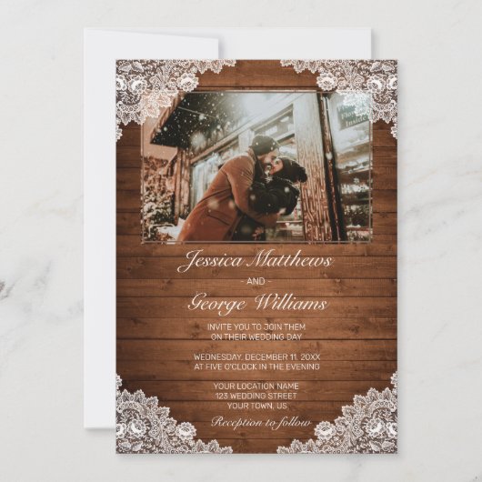 Rustiek hout & wit kant bruiloft foto kaart (Voorkant)