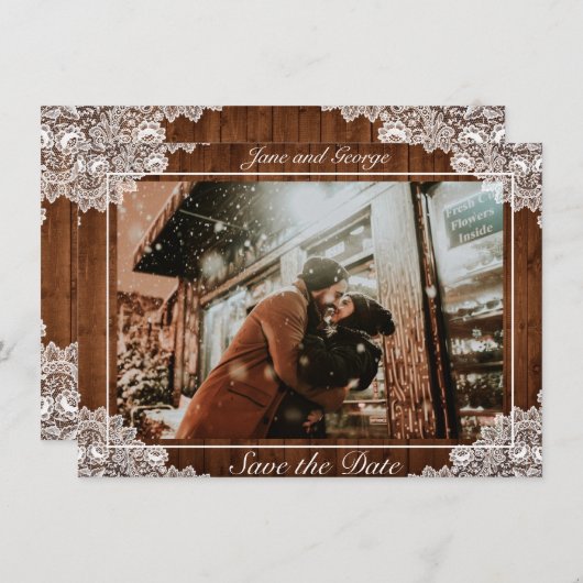 Rustiek hout & wit kant bruiloft foto save the date (Voorkant / Achterkant)