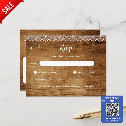 Rustiek Hout Wit Kant Bruiloft RSVP - Bijpassende  Briefkaart