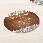 Rustiek Hout & Wit Kant Eet Drink Getrouwd Bruilof Ronde Kartonnen Onderzetter (Gebogen)