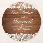 Rustiek Hout & Wit Kant Eet Drink Getrouwd Bruilof Ronde Kartonnen Onderzetter (Voorkant)