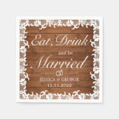 Rustiek Hout & Wit Kant Eet Drink Getrouwd Bruilof Servet (Voorkant)