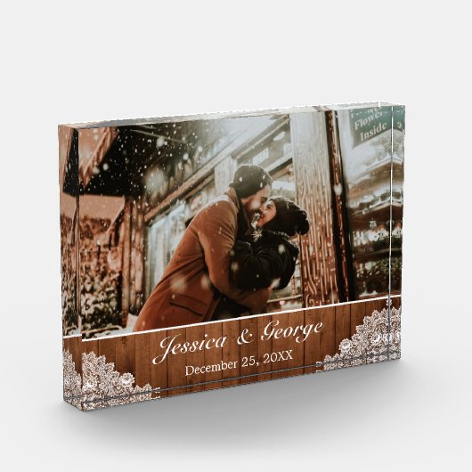 Rustiek Hout & Wit Kant Foto Overlay Glas Blok (Links)