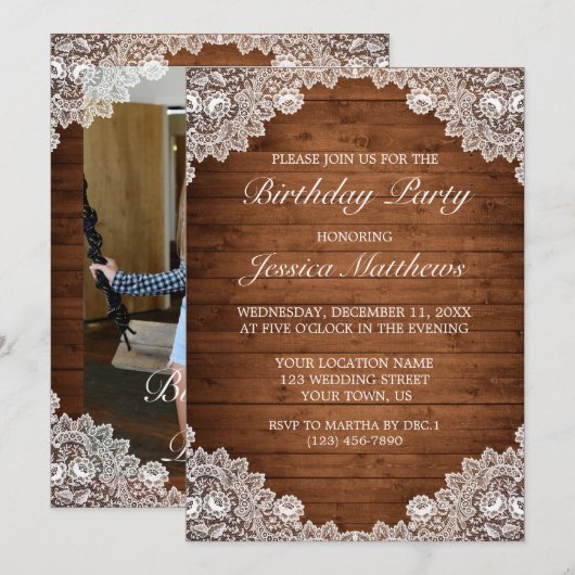 Rustiek hout & wit kant foto verjaardag kaart (Voorkant / Achterkant)