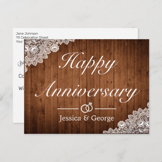 Rustiek Hout Wit Kant Gelukkig Jubileum Groet Aankondigingskaart (Voorkant / Achterkant)