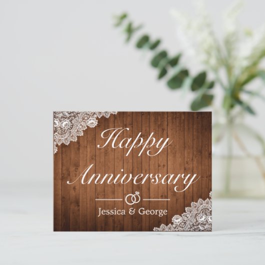 Rustiek Hout Wit Kant Gelukkig Jubileum Groet Aankondigingskaart (Staand voorkant)