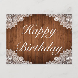 Rustiek Hout & Wit Kant Gelukkige Verjaardag Groet Aankondigingskaart