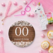 Rustiek Hout & Wit Kant Gelukkige Verjaardag Papieren Bordje (Feest)