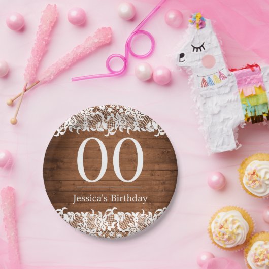 Rustiek Hout & Wit Kant Gelukkige Verjaardag Papieren Bordje (Feest)