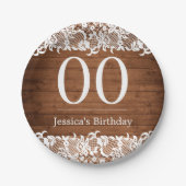 Rustiek Hout & Wit Kant Gelukkige Verjaardag Papieren Bordje (Voorkant)