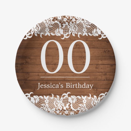 Rustiek Hout & Wit Kant Gelukkige Verjaardag Papieren Bordje (Voorkant)