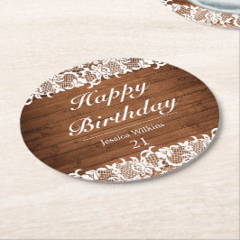 Rustiek Hout & Wit Kant Gelukkige Verjaardag Ronde Kartonnen Onderzetter