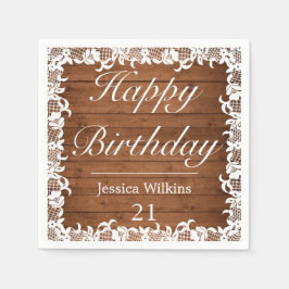 Rustiek Hout & Wit Kant Gelukkige Verjaardag Servet
