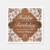 Rustiek Hout & Wit Kant Gelukkige Verjaardag Servet (Voorkant)