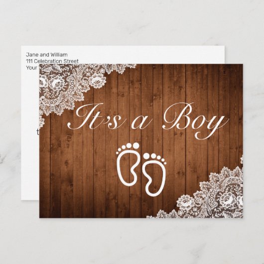 Rustiek hout & wit kant Het is een jongen Aankondigingskaart (Voorkant / Achterkant)