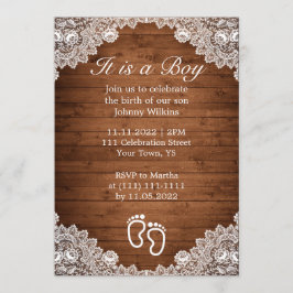 Rustiek Hout & Wit Kant Jongen Geboorte Viering Kaart