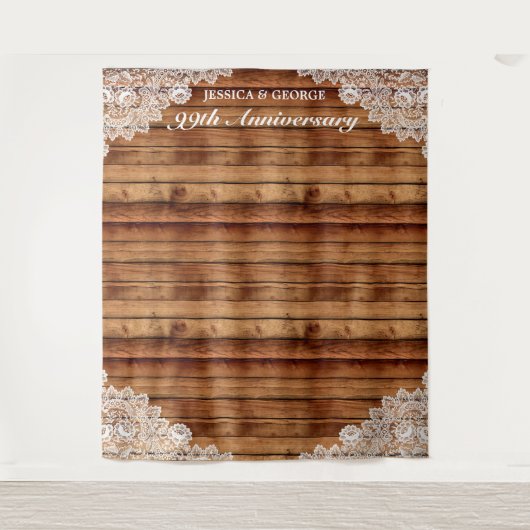 Rustiek hout & wit kant Jubileum foto Wandkleed (Voorkant)