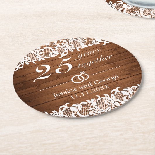 Rustiek hout & wit kant Jubileum Ronde Kartonnen Onderzetter (Gebogen)