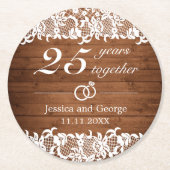 Rustiek hout & wit kant Jubileum Ronde Kartonnen Onderzetter (Voorkant)