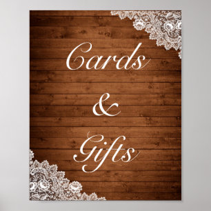 Rustiek hout & wit kant Kaarten geschenken bruilof Poster
