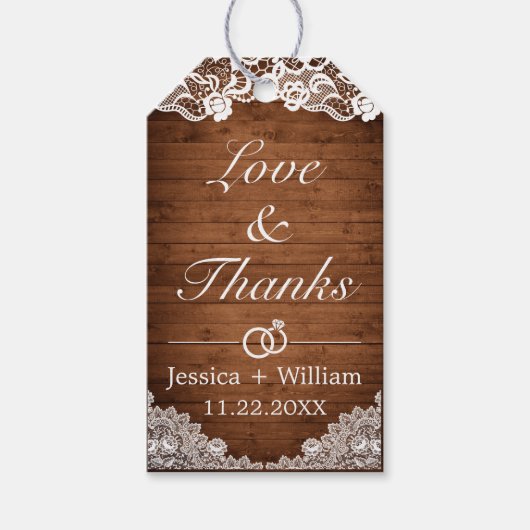Rustiek Hout & Wit Kant Liefde Bedankt Bruiloft Cadeaulabel (Voorkant)