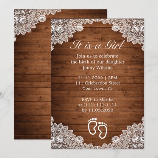 Rustiek Hout & Wit Kant Meisje Geboorte Viering Kaart (Voorkant / Achterkant)