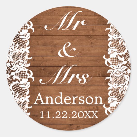 Rustiek Hout & Wit Kant MR MRS Bruiloft Ronde Sticker (Voorkant)
